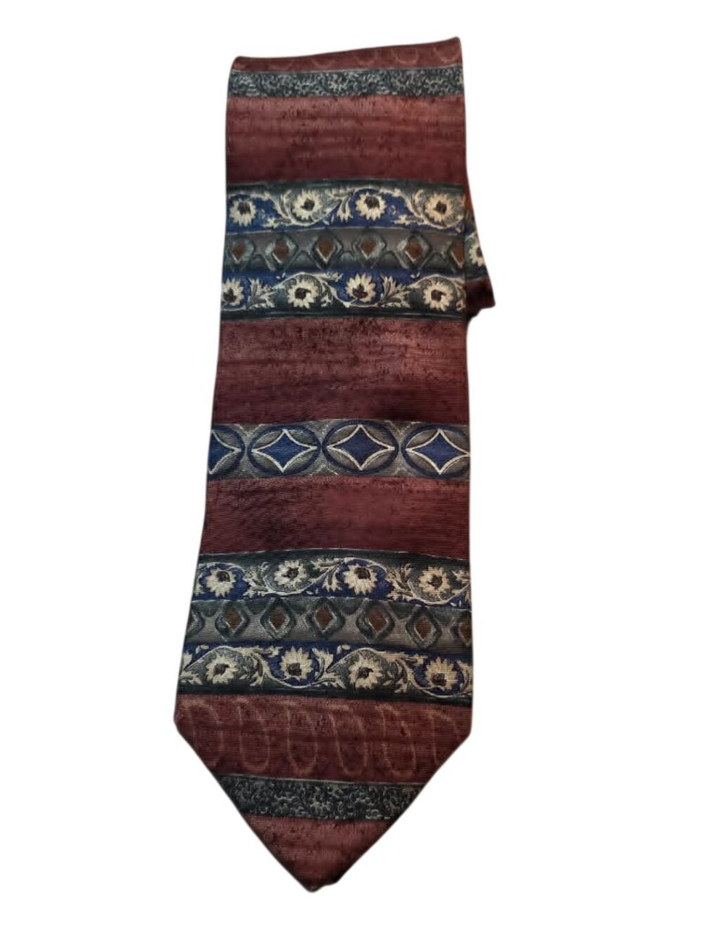Vintage 90s Bill Blass Silk Geometric Stripe Necktie Maroon Blue Tapestry